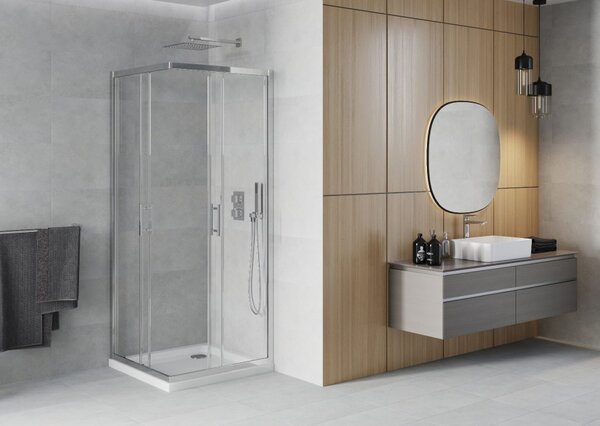 Mexen Rio kvadratna tuš kabina 80 x 80 cm, prozorna, krom + Flat tuš kad, bela - 860-080-080-01-00-4010