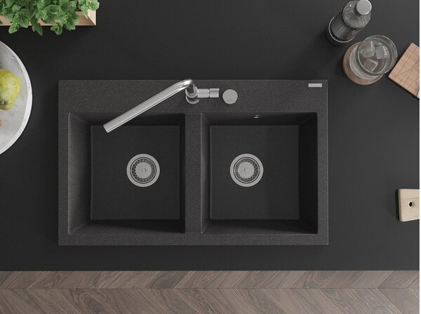 Mexen Hektor granitno pomivalno korito z dvema predeloma 800 x 480 mm, črno s pegami, kromiran sifon - 6521802000-76