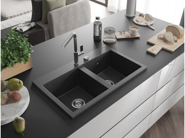 Mexen Hektor granitno pomivalno korito z dvema predeloma 800 x 480 mm, črno s pegami, kromiran sifon - 6521802000-76