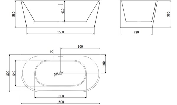 Mexen Oval samostoječa kopalna kad ob steni 180 x 80 cm, bela, črni preliv - 52671808000-70