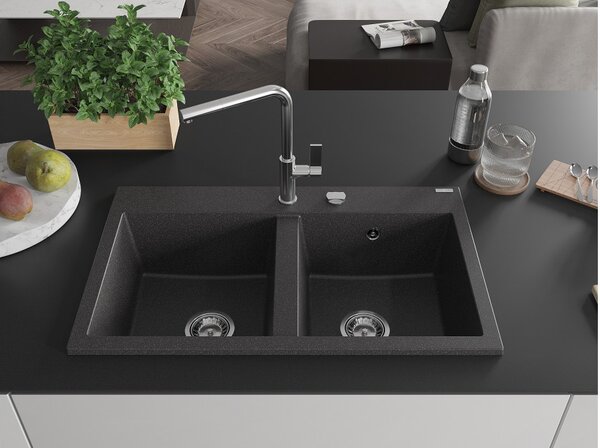 Mexen Hektor granitno pomivalno korito z dvema predeloma 800 x 480 mm, črno s pegami, kromiran sifon - 6521802000-76