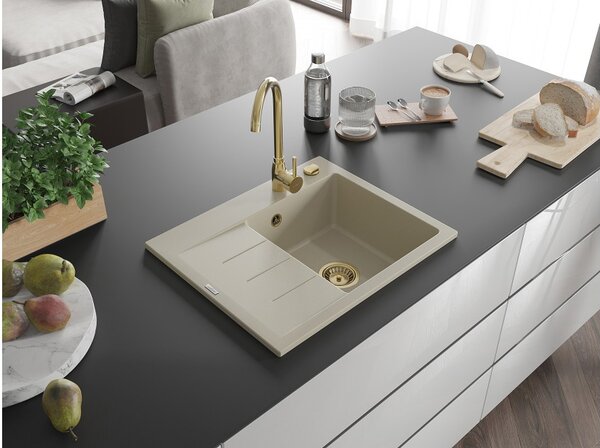 Mexen Ben granitno pomivalno korito z eno posodo s kapljalnikom, desni 600 x 500 mm, bež, zlati sifon - 6523605000-69-G