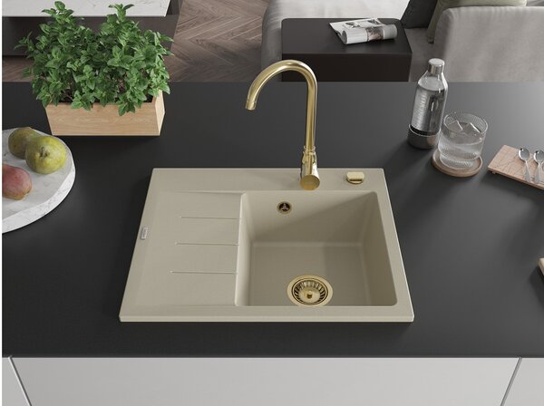 Mexen Ben granitno pomivalno korito z eno posodo s kapljalnikom, desni 600 x 500 mm, bež, zlati sifon - 6523605000-69-G