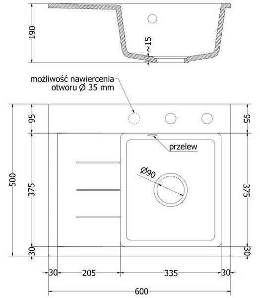 Mexen Ben granitno pomivalno korito z eno posodo s kapljalnikom, desni 600 x 500 mm, bež, zlati sifon - 6523605000-69-G