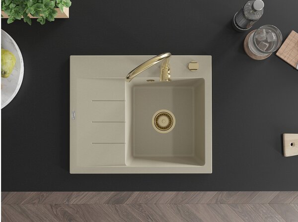 Mexen Ben granitno pomivalno korito z eno posodo s kapljalnikom, desni 600 x 500 mm, bež, zlati sifon - 6523605000-69-G