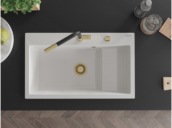 Mexen Omar enojni granitni pomivalnik 800 x 480 mm, bela, zlati sifon - 6520801005-20-G