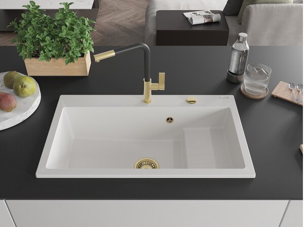 Mexen Omar enojni granitni pomivalnik 800 x 480 mm, bela, zlati sifon - 6520801005-20-G