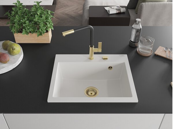 Mexen Oscar enokomorni granitni pomivalnik 580 x 490 mm, bel, zlati sifon - 6519581000-20-G