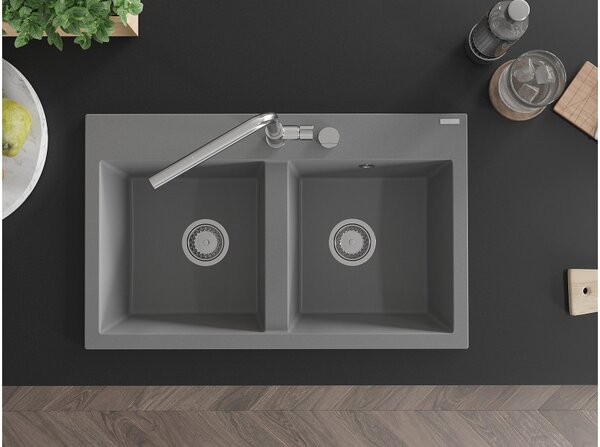 Mexen Hektor Dvokomorsko granitno korito 800 x 480 mm, sivo, kromiran sifon - 6521802000-71