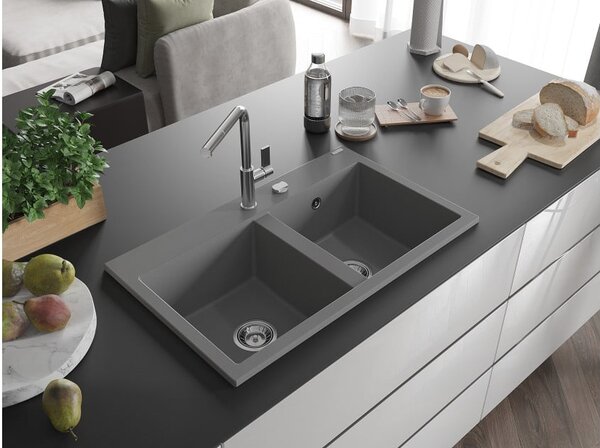 Mexen Hektor Dvokomorsko granitno korito 800 x 480 mm, sivo, kromiran sifon - 6521802000-71