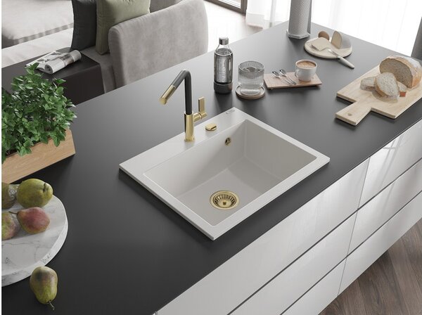Mexen Oscar enokomorni granitni pomivalnik 580 x 490 mm, bel, zlati sifon - 6519581000-20-G