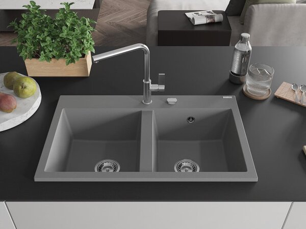 Mexen Hektor Dvokomorsko granitno korito 800 x 480 mm, sivo, kromiran sifon - 6521802000-71