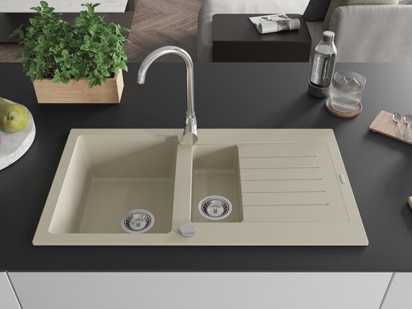 Mexen Matias granitno pomivalno korito z 1,5 komorami in odcejalnikom 900 x 505 mm, bež, kromiran sifon - 6502901505-69