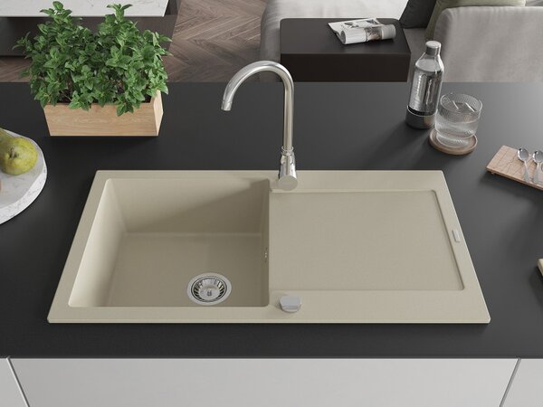 Mexen Leo enojni granitni pomivalnik z odcejalnikom 900 x 500 mm, bež, kromiran sifon - 6501901010-69