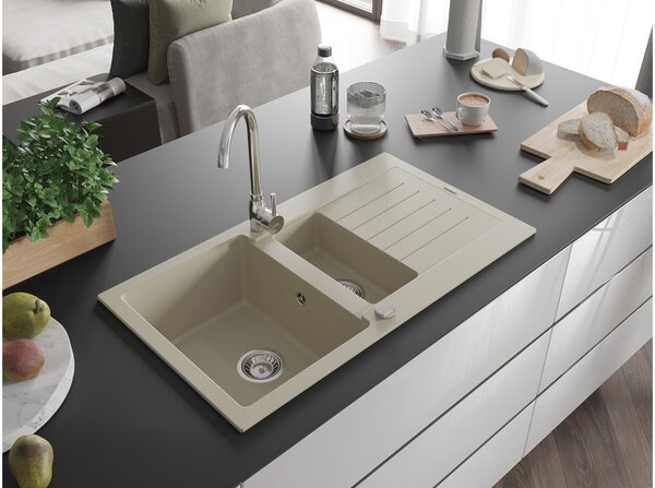 Mexen Matias granitno pomivalno korito z 1,5 komorami in odcejalnikom 900 x 505 mm, bež, kromiran sifon - 6502901505-69