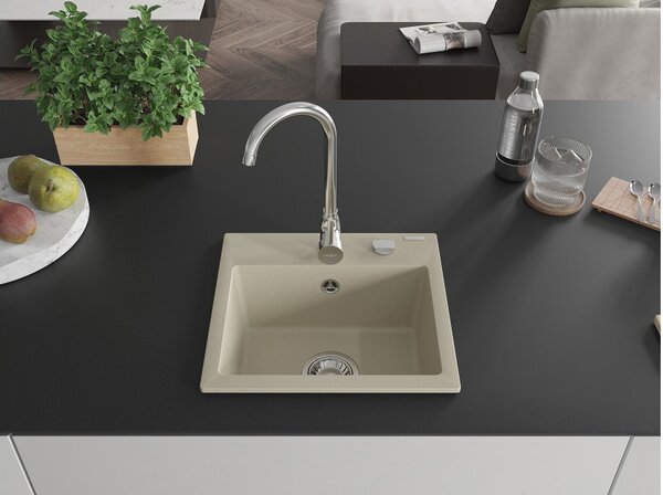 Mexen Milo granitno pomivalno korito z eno posodo 435 x 410 mm, bež, sifon krom - 6505441000-69