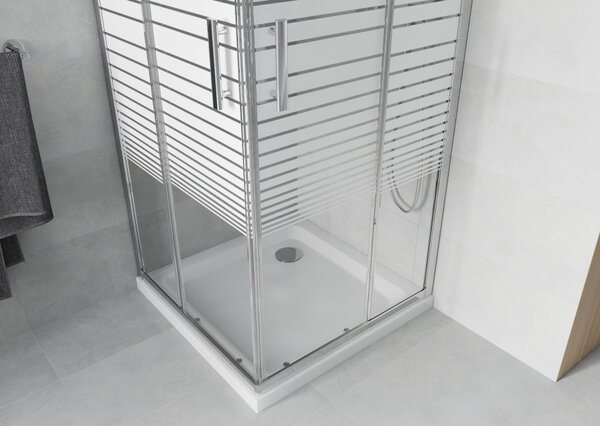 Mexen Rio kvadratna tuš kabina 80 x 80 cm, bele črte, krom + ravna kad, bela - 860-080-080-01-20-4010