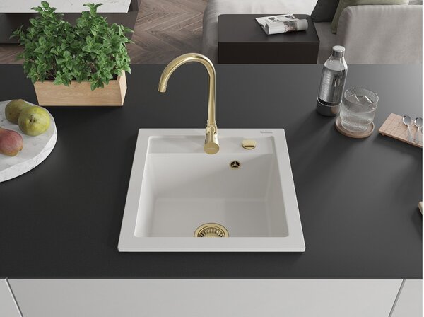 Mexen Vito enojna komorna granitna pomivalna korita 520 x 490 mm, bela, zlati sifon - 6503521000-20-G