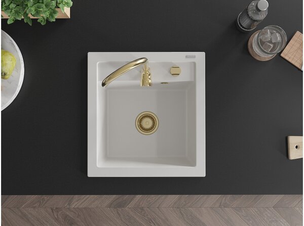Mexen Vito enojna komorna granitna pomivalna korita 520 x 490 mm, bela, zlati sifon - 6503521000-20-G