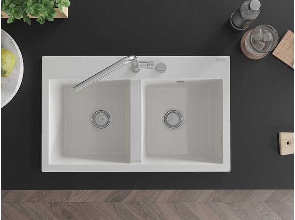 Mexen Hektor dvokomorni granitni pomivalno korito 800 x 480 mm, bela, kromiran sifon - 6521802000-20