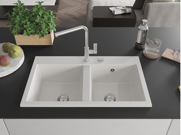 Mexen Hektor dvokomorni granitni pomivalno korito 800 x 480 mm, bela, kromiran sifon - 6521802000-20