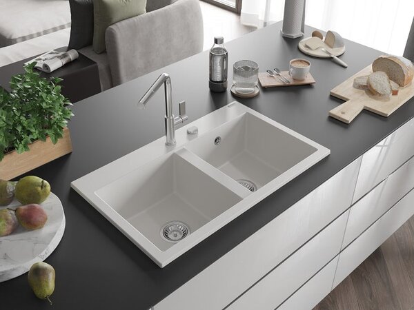 Mexen Hektor dvokomorni granitni pomivalno korito 800 x 480 mm, bela, kromiran sifon - 6521802000-20
