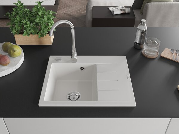 Mexen Ben Granitno pomivalno korito z enim predelkom in odcejalnikom, levo, 600 x 500 mm, belo, sifon krom - 6522605000-20