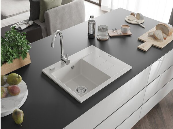 Mexen Ben Granitno pomivalno korito z enim predelkom in odcejalnikom, levo, 600 x 500 mm, belo, sifon krom - 6522605000-20