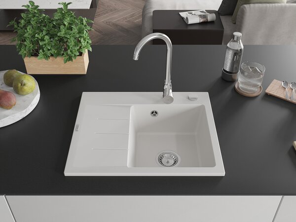 Mexen Ben granitno pomivalno korito z eno posodo in desnim odcejalnikom, 600 x 500 mm, belo, sifon krom - 6523605000-20