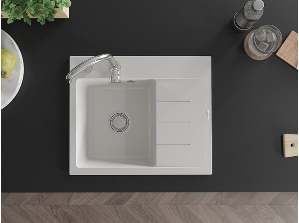 Mexen Ben Granitno pomivalno korito z enim predelkom in odcejalnikom, levo, 600 x 500 mm, belo, sifon krom - 6522605000-20