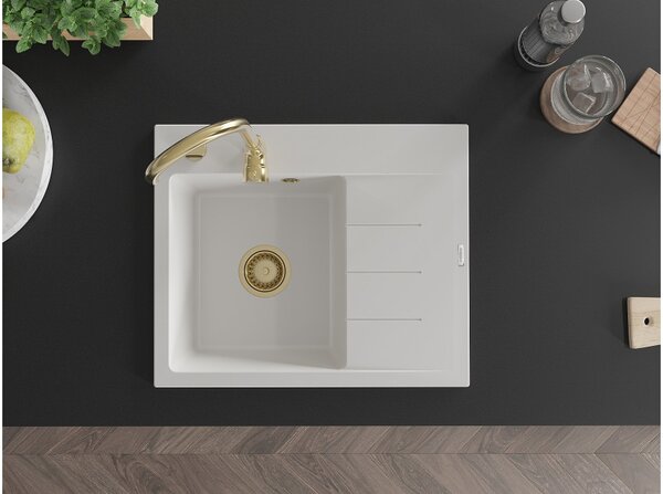Mexen Ben granitno pomivalno korito z 1 prekatom in odcejalnikom, levo, 600 x 500 mm, belo, zlat sifon - 6522605000-20-G
