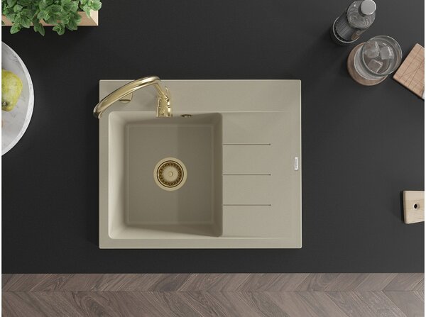 Mexen Ben granitno pomivalno korito z eno komoro in odcejevalnikom, levo, 600 x 500 mm, bež, sifon zlati - 6522605000-69-G