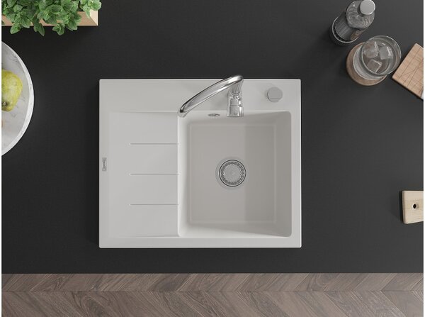 Mexen Ben granitno pomivalno korito z eno posodo in desnim odcejalnikom, 600 x 500 mm, belo, sifon krom - 6523605000-20