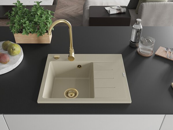 Mexen Ben granitno pomivalno korito z eno komoro in odcejevalnikom, levo, 600 x 500 mm, bež, sifon zlati - 6522605000-69-G