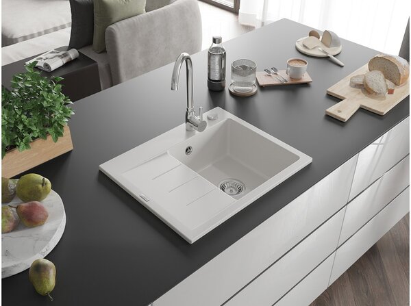 Mexen Ben granitno pomivalno korito z eno posodo in desnim odcejalnikom, 600 x 500 mm, belo, sifon krom - 6523605000-20
