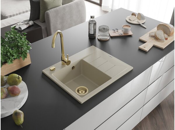 Mexen Ben granitno pomivalno korito z eno komoro in odcejevalnikom, levo, 600 x 500 mm, bež, sifon zlati - 6522605000-69-G