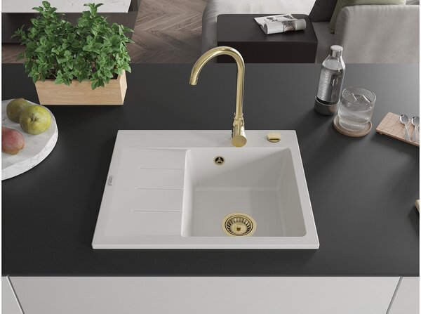 Mexen Ben granitno pomivalno korito z 1 komoro z odcejalnikom, desni 600 x 500 mm, belo, zlati sifon - 6523605000-20-G