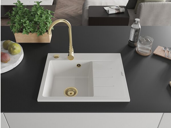 Mexen Ben granitno pomivalno korito z 1 prekatom in odcejalnikom, levo, 600 x 500 mm, belo, zlat sifon - 6522605000-20-G