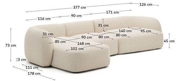 Kremno bela kotna sedežna garnitura iz šenilje (levi kot/z ležalnikom) Martina – Kave Home