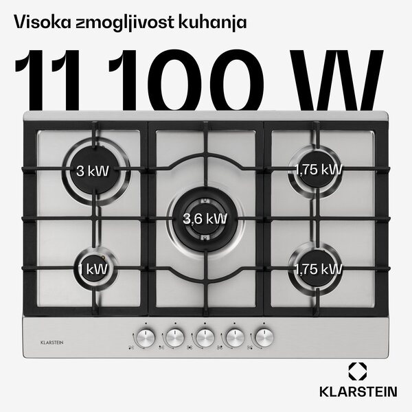 Klarstein Ignito 5 Zonen, plinska kuhalna plošča, 5 Sabaf gorilnikov, plemenito jeklo, srebrna