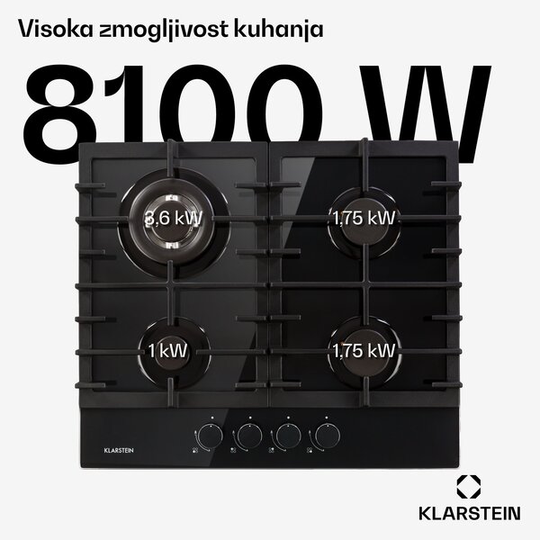 Klarstein Ignito 4, plinska kuhalna plošča, 4 gorilnike, SABAF gorilniki, steklokeramika, črna