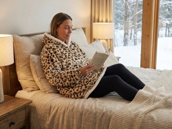 Topla odeja z imitacijo ovčje volne z rokavi in kapuco LEOPARD, kremna