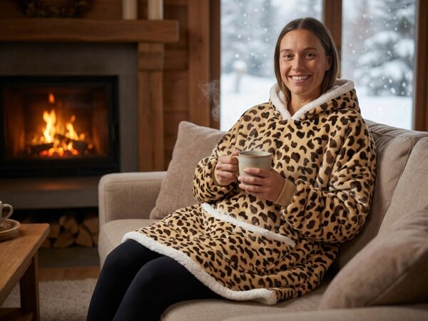 Topla odeja z imitacijo ovčje volne z rokavi in kapuco LEOPARD, kremna