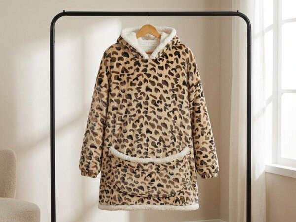 Topla odeja z imitacijo ovčje volne z rokavi in kapuco LEOPARD, kremna