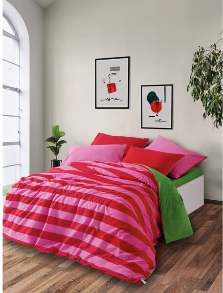 4-delna podaljšana zeleno-rožnata posteljnina za zakonsko posteljo iz renforce bombaža z rjuho 200x220 cm Cherie – Mijolnir