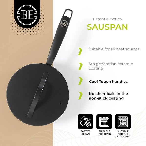 BE Living Lonec z ročajem in pokrovom Essential Black 18 cm