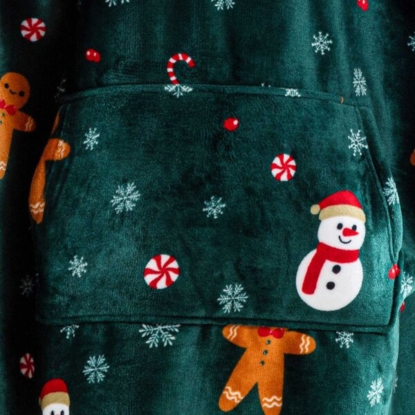 Topla odeja z imitacijo ovčje volne z rokavi in kapuco SNOWMAN AND GINGERBREAD, zelena