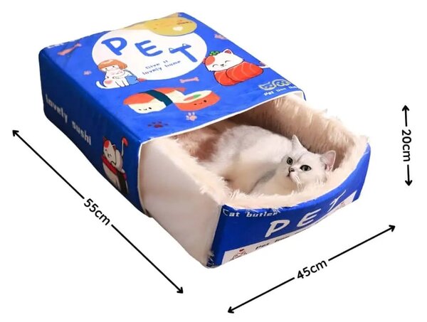 Fluffybox™ Plišasta Mačja Postelja V Obliki škatle, Modra