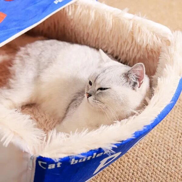 Fluffybox™ Plišasta Mačja Postelja V Obliki škatle, Modra