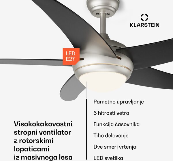 Klarstein Bolero 2 v 1 Smart, stropni ventilator, Ø 132 cm, svetloba 55 W, daljinski upravljalnik, upravljanje prek aplikacije, dvosmerno delovanje